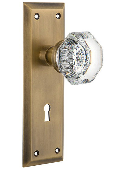New York Style Mortise Lock Set in Antique Brass with Waldorf Crystal Door Knobs.